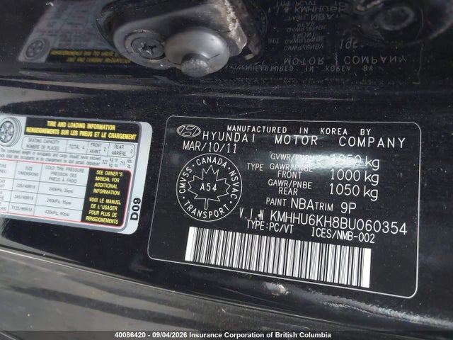 40086420 :رقم المزاد ، KMHHU6KH8BU060354 vin ، 2011 Hyundai Genesis Coupe 3.8l مزاد بيع