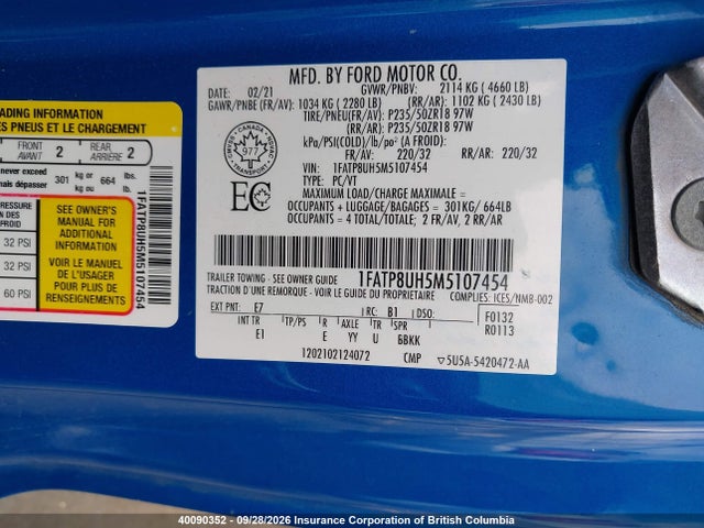 2021 Ford Mustang Ecoboost Premium მანქანა იყიდება აუქციონზე, vin: 1FATP8UH5M5107454, აუქციონის ნომერი: 40090352