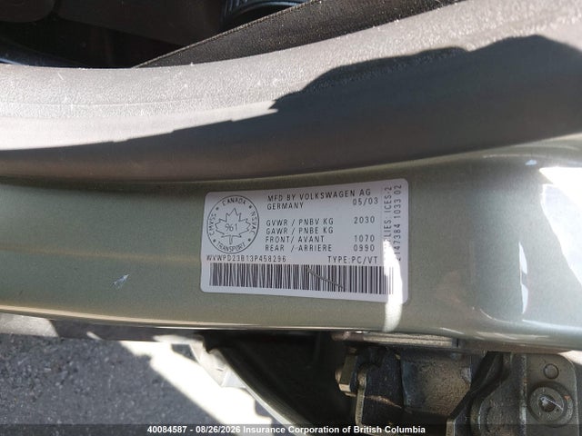 Aukcja sprzedaży 2003 Volkswagen Passat Gls, vin: WVWPD23B13P458296, numer aukcji: 40084587