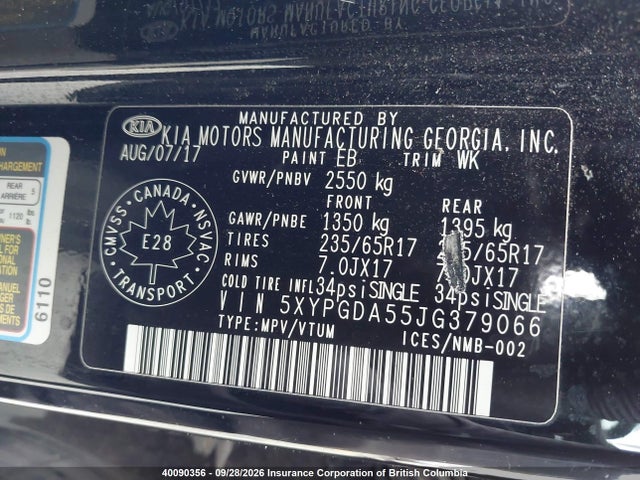 Aukcja sprzedaży 2018 Kia Sorento Lx/l, vin: 5XYPGDA55JG379066, numer aukcji: 40090356