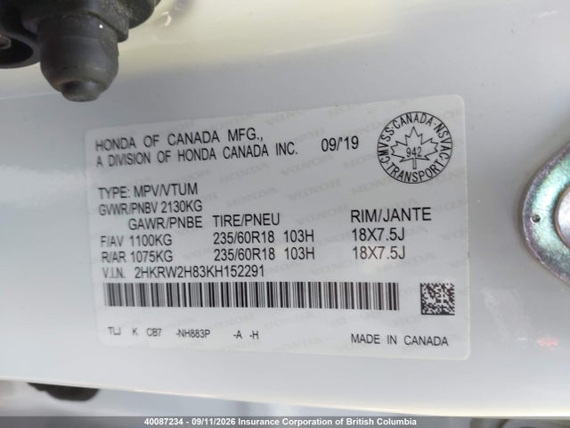 40087234 :رقم المزاد ، 2HKRW2H83KH152291 vin ، 2019 Honda Cr-v Exl مزاد بيع