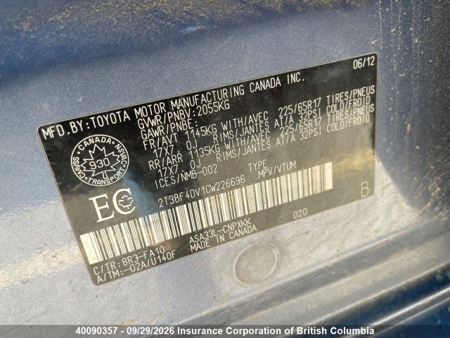 Aukcja sprzedaży 2012 Toyota Rav4, vin: 2T3BF4DV1CW226696, numer aukcji: 40090357