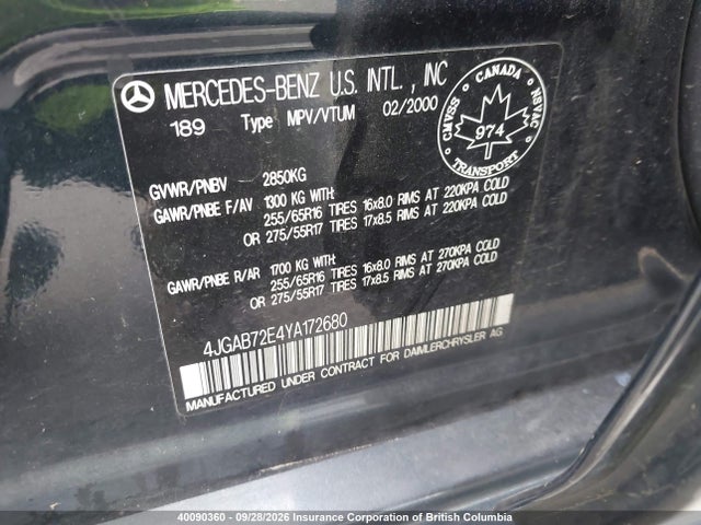 Aukcja sprzedaży 2000 Mercedes-benz Ml 430 4matic, vin: 4JGAB72E4YA172680, numer aukcji: 40090360