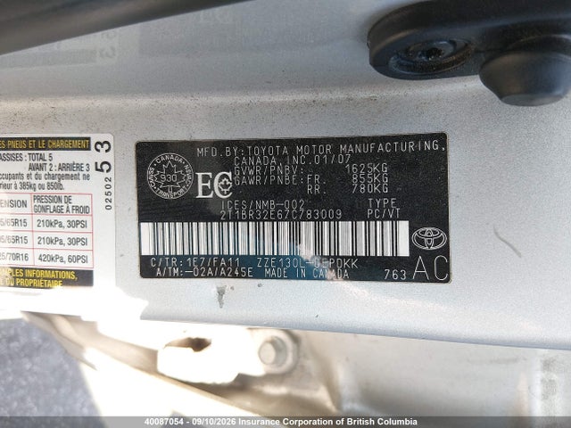 Aukcja sprzedaży 2007 Toyota Corolla Ce/le/s, vin: 2T1BR32E67C783009, numer aukcji: 40087054