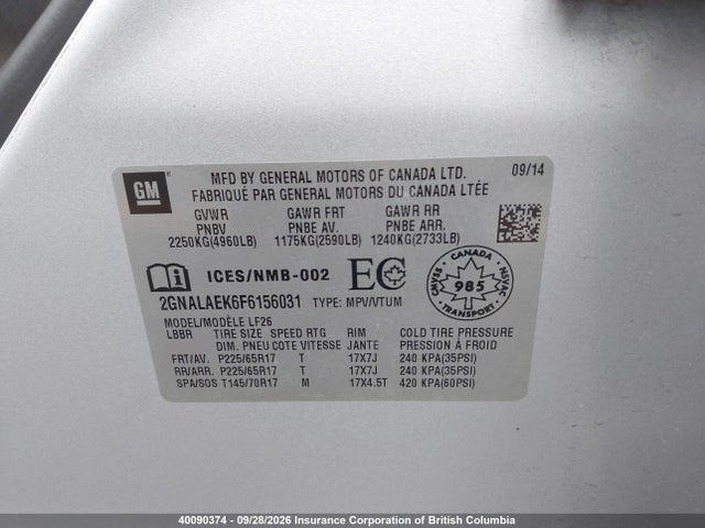 40090374 :رقم المزاد ، 2GNALAEK6F6156031 vin ، 2015 Chevrolet Equinox Ls مزاد بيع