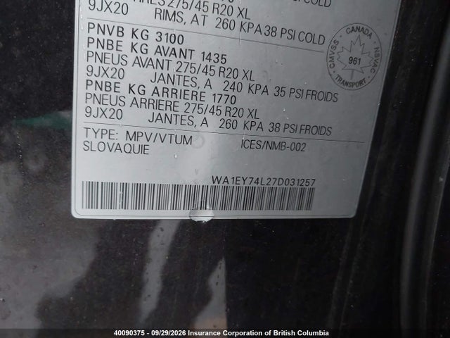40090375 :رقم المزاد ، WA1EY74L27D031257 vin ، 2007 Audi Q7 مزاد بيع