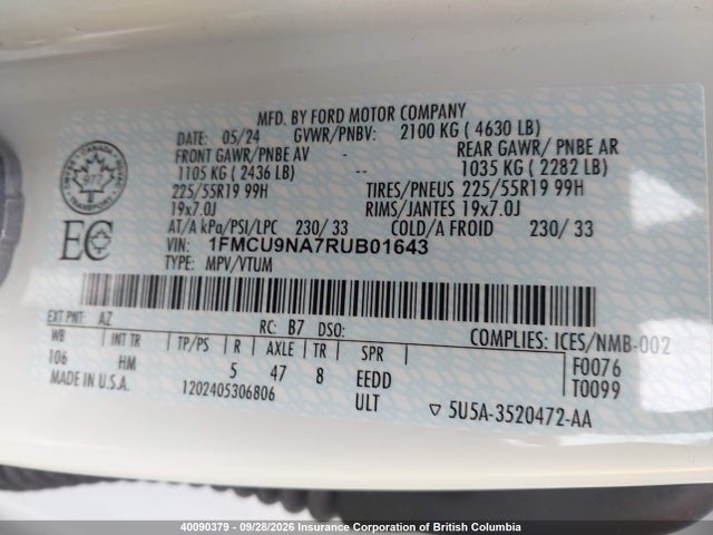 Aukcja sprzedaży 2024 Ford Escape St-line Select, vin: 1FMCU9NA7RUB01643, numer aukcji: 40090379
