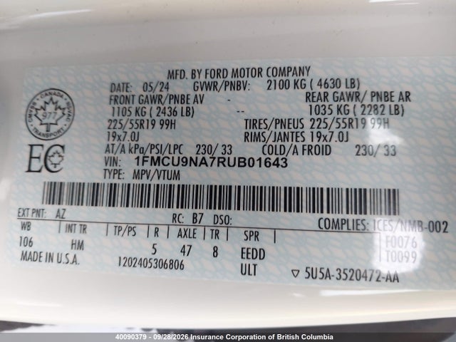 Aukcja sprzedaży 2024 Ford Escape St-line Select, vin: 1FMCU9NA7RUB01643, numer aukcji: 40090379