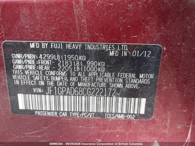 Aukcja sprzedaży 2012 Subaru Impreza 2.0i Touring Package, vin: JF1GPAD68CG222172, numer aukcji: 40090384