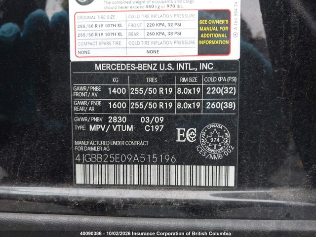 2009 Mercedes-benz Ml მანქანა იყიდება აუქციონზე, vin: 4JGBB25E09A515196, აუქციონის ნომერი: 40090386