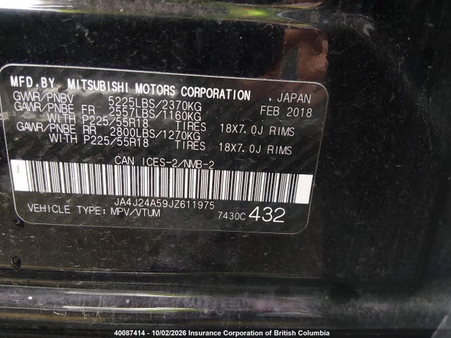 40087414 :رقم المزاد ، JA4J24A59JZ611975 vin ، 2018 Mitsubishi Outlander Se/gt مزاد بيع