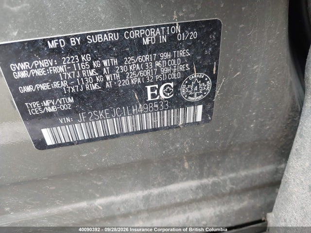 2020 Subaru Forester Touring მანქანა იყიდება აუქციონზე, vin: JF2SKEJC1LH498533, აუქციონის ნომერი: 40090392