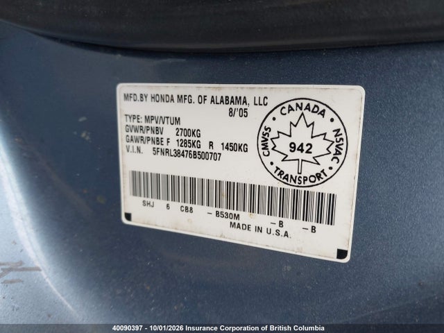 40090397 :رقم المزاد ، 5FNRL38476B500707 vin ، 2006 Honda Odyssey Ex مزاد بيع