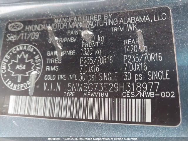 Продаж на аукціоні авто 2009 Hyundai Santa Fe Gl, vin: 5NMSG73E29H318977, номер лоту: 40090398