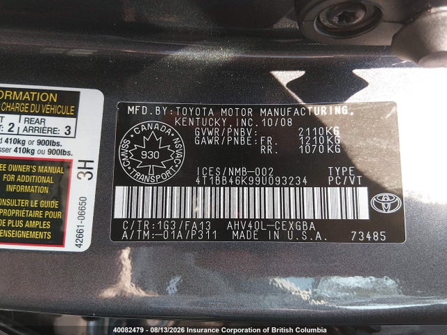 2009 Toyota Camry Hybrid მანქანა იყიდება აუქციონზე, vin: 4T1BB46K99U093234, აუქციონის ნომერი: 40082479