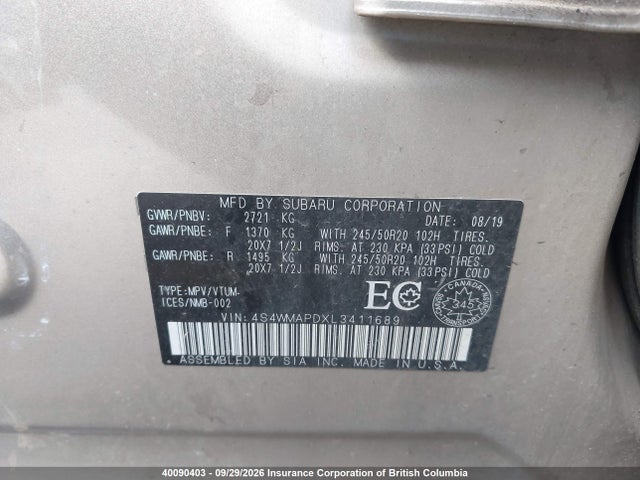 Subaru Ascent Limited 2020 4S4WMAPDXL3411689 Image 9