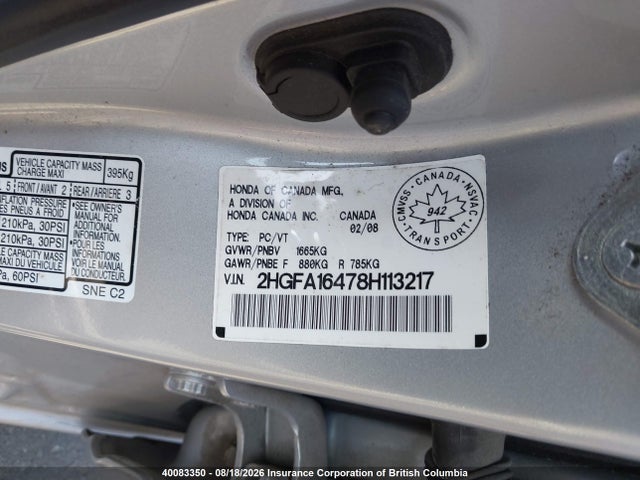 Aukcja sprzedaży 2008 Honda Civic Dx-g, vin: 2HGFA16478H113217, numer aukcji: 40083350