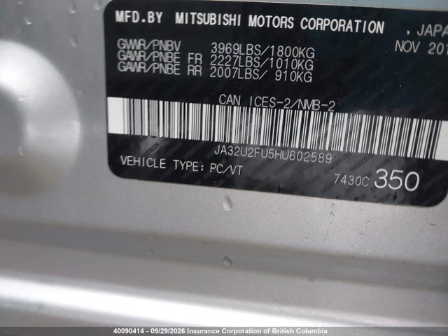 Aukcja sprzedaży 2017 Mitsubishi Lancer Es, vin: JA32U2FU5HU602589, numer aukcji: 40090414