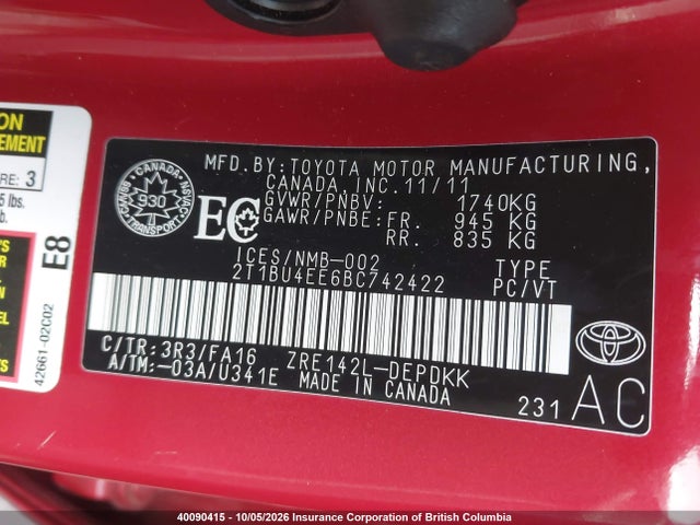40090415 :رقم المزاد ، 2T1BU4EE6BC742422 vin ، 2011 Toyota Corolla Ce مزاد بيع
