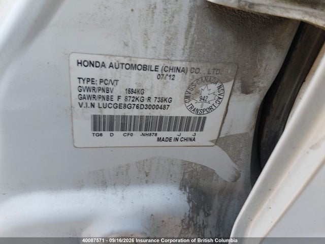 40087571 :رقم المزاد ، LUCGE8G76D3000487 vin ، 2013 Honda Fit Sport مزاد بيع