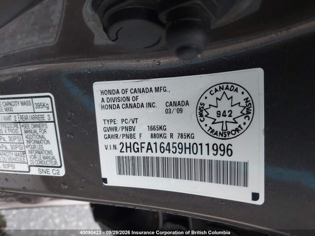 40090423 :رقم المزاد ، 2HGFA16459H011996 vin ، 2009 Honda Civic مزاد بيع