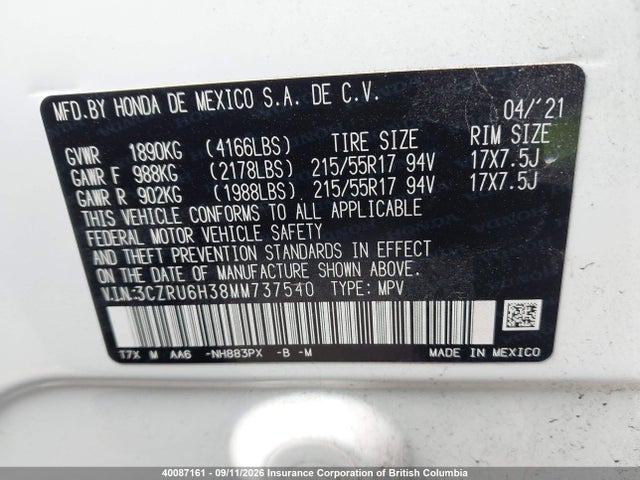 Aukcja sprzedaży 2021 Honda Hr-v Lx, vin: 3CZRU6H38MM737540, numer aukcji: 40087161