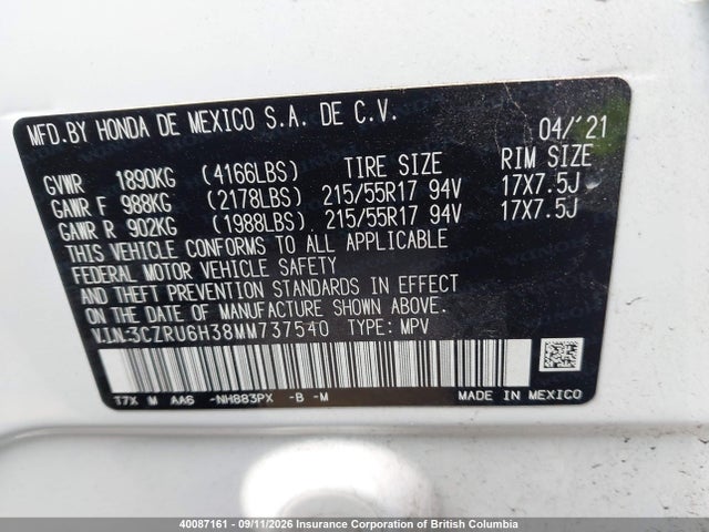Aukcja sprzedaży 2021 Honda Hr-v Lx, vin: 3CZRU6H38MM737540, numer aukcji: 40087161