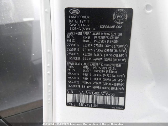 Aukcja sprzedaży 2012 Land Rover Range Rover Sport Sc, vin: SALSH2E40CA735755, numer aukcji: 40086234