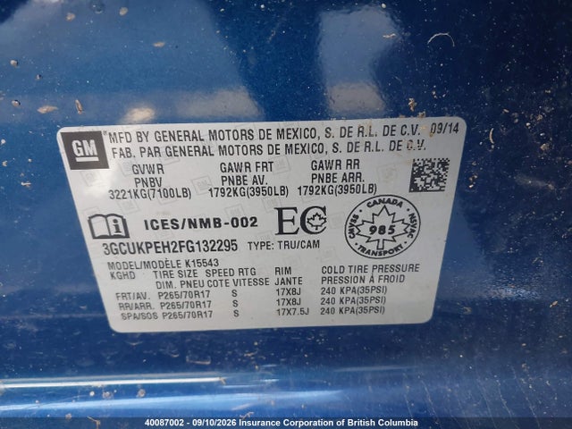 2015 Chevrolet Silverado K1500 მანქანა იყიდება აუქციონზე, vin: 3GCUKPEH2FG132295, აუქციონის ნომერი: 40087002