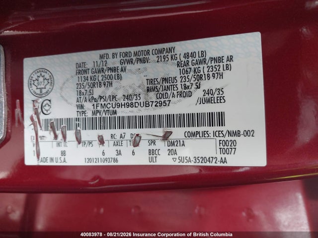 Продаж на аукціоні авто 2013 Ford Escape Sel, vin: 1FMCU9H98DUB72957, номер лоту: 40083978