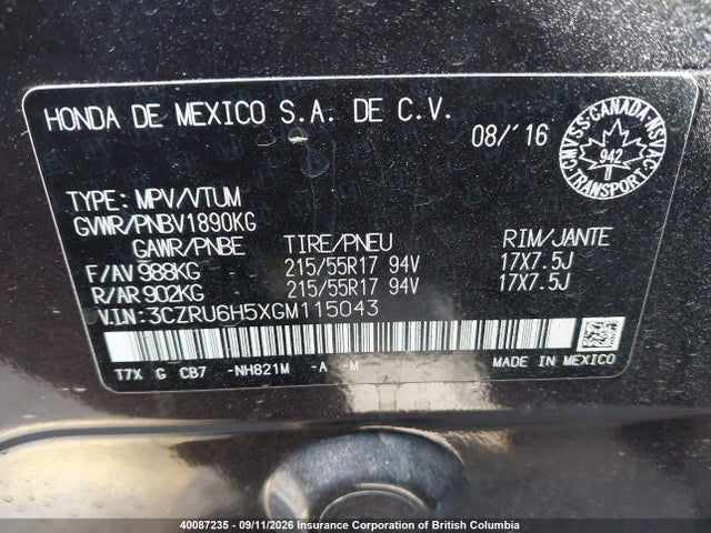 40087235 :رقم المزاد ، 3CZRU6H5XGM115043 vin ، 2016 Honda Hr-v Ex مزاد بيع