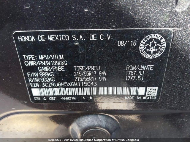 40087235 :رقم المزاد ، 3CZRU6H5XGM115043 vin ، 2016 Honda Hr-v Ex مزاد بيع