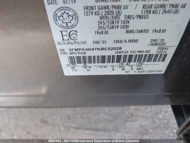 40087943 :رقم المزاد ، 2FMPK4K97KBC52028 vin ، 2019 Ford Edge Titanium مزاد بيع