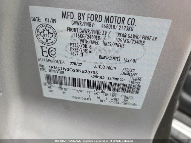 Продаж на аукціоні авто 2009 Ford Escape Xlt, vin: 1FMCU93G29KB38795, номер лоту: 40090452