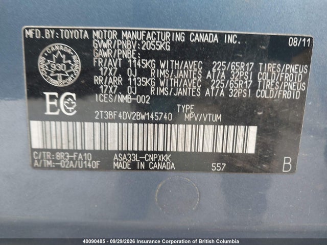40090485 :رقم المزاد ، 2T3BF4DV2BW145740 vin ، 2011 Toyota Rav4 مزاد بيع