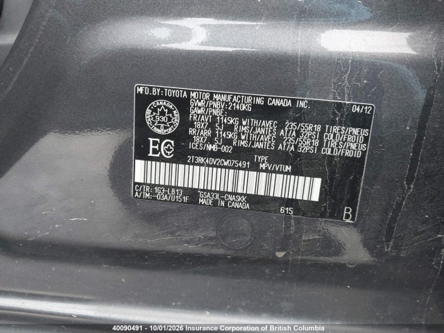 40090491 :رقم المزاد ، 2T3RK4DV2CW075491 vin ، 2012 Toyota Rav4 مزاد بيع