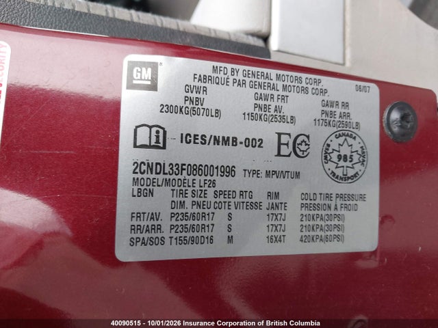 Продажа на аукционе авто 2008 Chevrolet Equinox Lt, vin: 2CNDL33F086001996, номер лота: 40090515