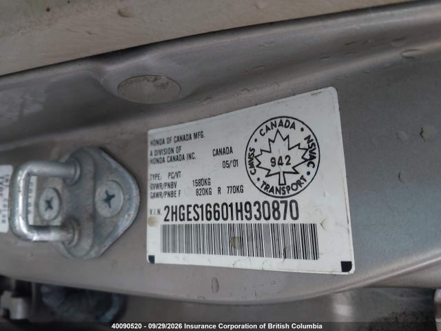 2001 Honda Civic მანქანა იყიდება აუქციონზე, vin: 2HGES16601H930870, აუქციონის ნომერი: 40090520