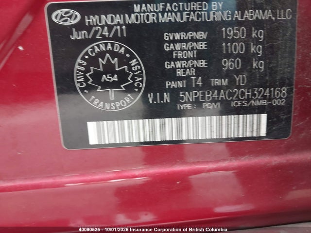 Aukcja sprzedaży 2012 Hyundai Sonata Gls, vin: 5NPEB4AC2CH324168, numer aukcji: 40090525
