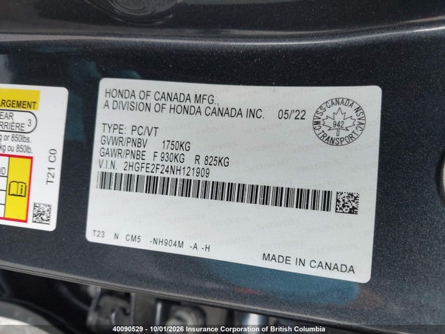 40090529 :رقم المزاد ، 2HGFE2F24NH121909 vin ، 2022 Honda Civic مزاد بيع