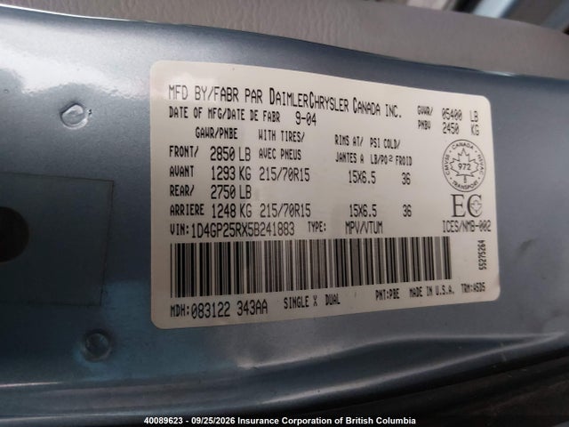 2005 Dodge Caravan Se მანქანა იყიდება აუქციონზე, vin: 1D4GP25RX5B241883, აუქციონის ნომერი: 40089623