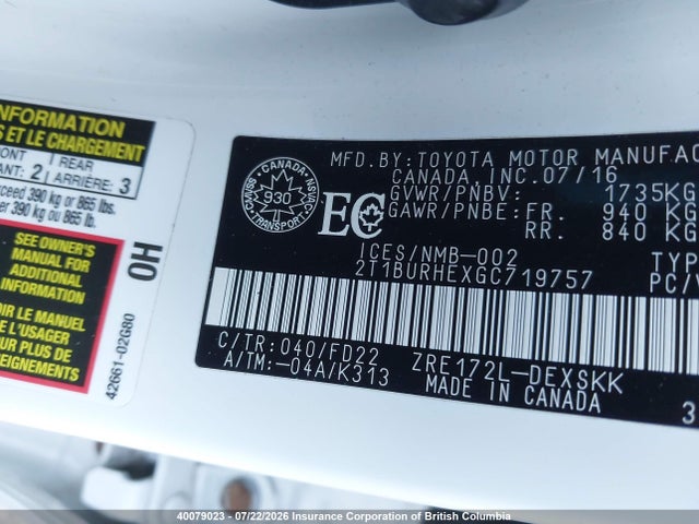 2016 Toyota Corolla L/le/le Pls/prm/s/s Pls მანქანა იყიდება აუქციონზე, vin: 2T1BURHEXGC719757, აუქციონის ნომერი: 40079023