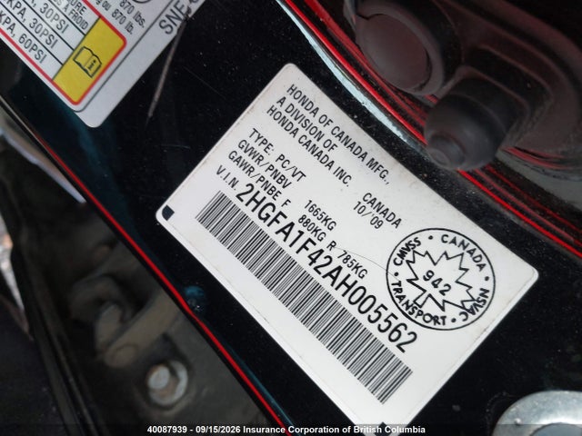 40087939 :رقم المزاد ، 2HGFA1F42AH005562 vin ، 2010 Honda Civic Dx-g مزاد بيع