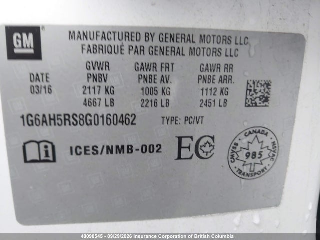 Aukcja sprzedaży 2016 Cadillac Ats, vin: 1G6AH5RS8G0160462, numer aukcji: 40090545