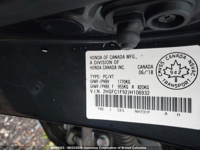 Honda Civic Touring 2018 2HGFC1F92JH106932 Image 9