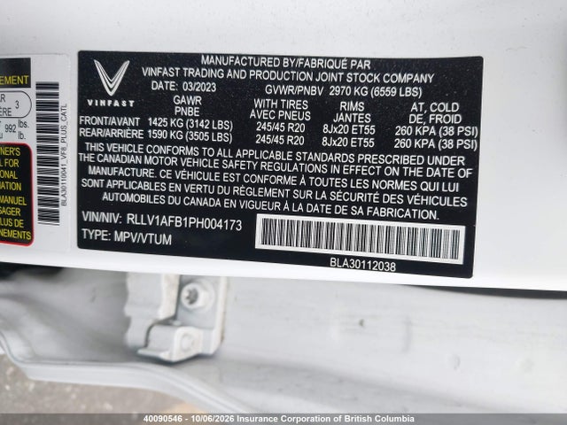 Продажа на аукционе авто 2023 Vinfast Vf 8 Plus, vin: RLLV1AFB1PH004173, номер лота: 40090546