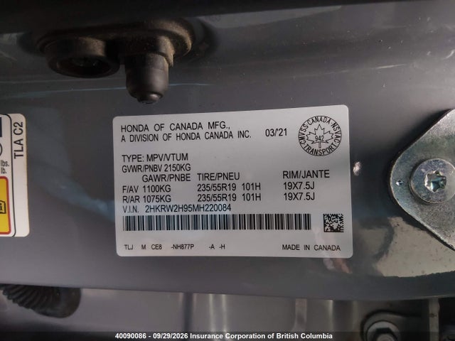 Aukcja sprzedaży 2021 Honda Cr-v Touring, vin: 2HKRW2H95MH220084, numer aukcji: 40090086