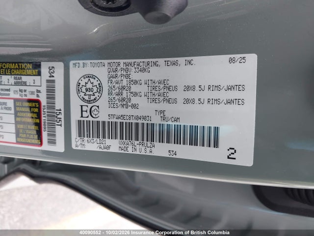 Aukcja sprzedaży 2026 Toyota Tundra Crewmax Limited L, vin: 5TFWA5EC8TX049031, numer aukcji: 40090552