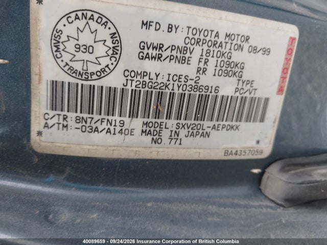 2000 Toyota Camry Ce/le/xle მანქანა იყიდება აუქციონზე, vin: JT2BG22K1Y0386916, აუქციონის ნომერი: 40089659