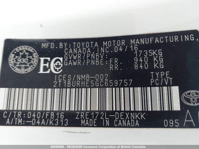 Продаж на аукціоні авто 2016 Toyota Corolla L/le/le Pls/prm/s/s Pls, vin: 2T1BURHE5GC659757, номер лоту: 40090566
